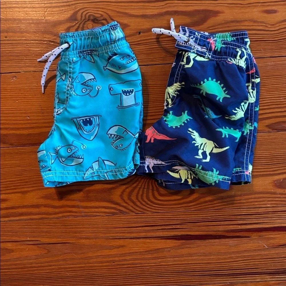 2 Boys Carter’s Swim Shorts/Trunks 1 Dinosaur Print 1 Shark Print Size 2T